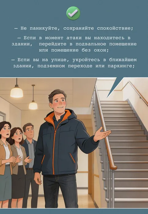 Не паникуйте, сохраняйте спокойствие! Найдите дома помещение без окон, которое от окна отделяют две капитальные стены. Как правило, это коридор, ванная и/или туалет. Уберите зеркала: они могут разбиться и повредить вас осколками. Вода в помещении — это хорошо, потому что вы можете подготовить себе мокрое одеяло и включить холодную воду. Холод скрывает вас от тепловизора.