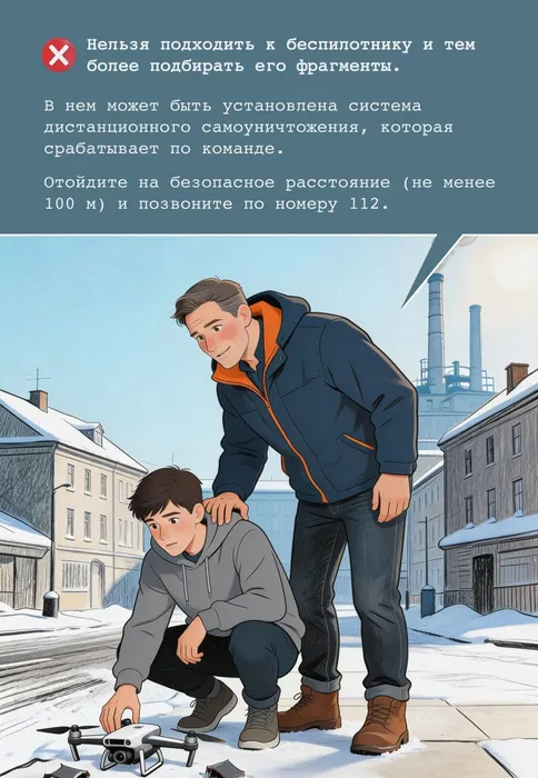 В случае посадки или падения БПЛА на местности:

- информацию о месте его падения необходимо немедленно сообщить по телефонам «102» или «112»;

- не приближайтесь к обломкам БПЛА и  не прикасайтесь к  его частям – они могут быть взрывоопасны или ядовиты;

- отойдите на безопасное расстояние и предупредите окружающих о происшествии.

Помните: к БПЛА может быть прикреплено взрывное устройство!